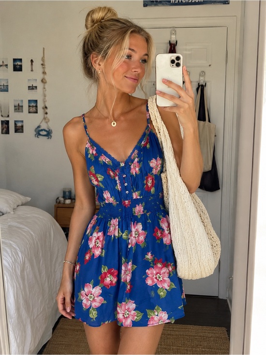 Hollister Dresses & Skirts - Hollister Blue Floral Mini Dress w/ Criss-Cross Back Straps Y2K Vacay Sundress M